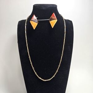 Sarah Coventry Vintage 20" Goldtone Unique Chain Ceramic Earrings Autumn Colors
